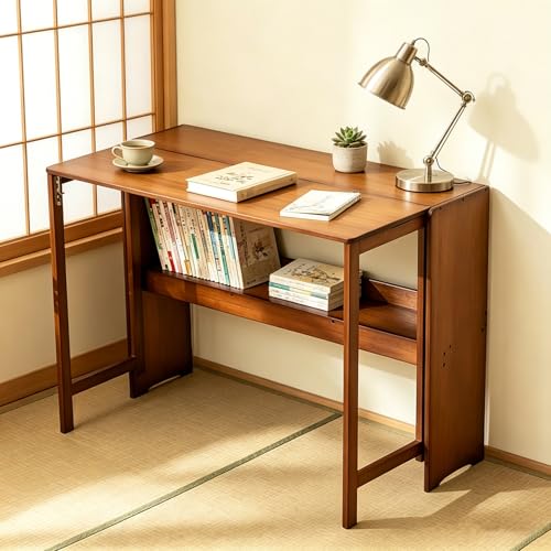 Bamboo Folding Desk, Laptop Desk Writing Desk with Storage Shelf Vanity Table Small Computer Table Space Saving Workstation for Home Office