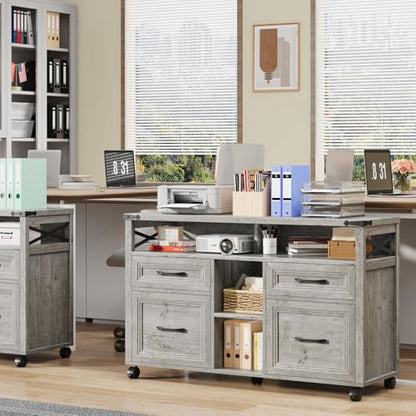 Halitaa Farmhouse Filing Cabinet with Adjustable Shelf & Wheels, Grey - color: Grey, size: 4 Drawers&Wheels