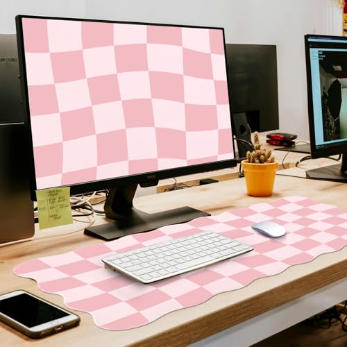 L-SPOUTTO Pink Mouse Pad,Geometric Desk Mat XXL Large Scalloped Gaming Mousepad,35.4x15.7in Non-Slip Rubber Base Keyboard Pad Waterproof Desktop Mat for Laptop Computer Game Home Office-Checkered - color: Pink Checkered