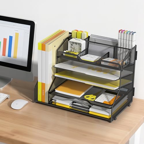 YINGHUA 5-Tier Mesh Desk Organizer and File Holder, Letter Tray - Black - color: 5 Tier With File Holder-black