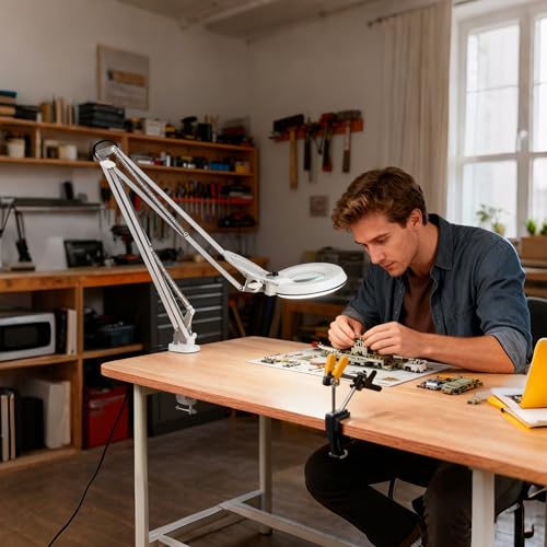 Magnifying Glass with Light,10X LED Dimmable Lighted Desk Lamp with Clamp and Stand,Hands Free Magnifier-Adjustable Stainless Steel Arm for Close Work Reading Hobbies Crafts Painting Sewing