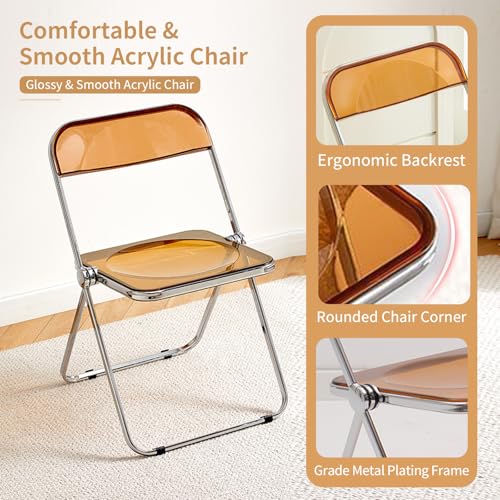 Acrylic Folding Chair, Stackable Foldable Seat with Chrome Frame | Clear Plastic Vanity Chair for Home Office, Lightweight Side Chair for Party, Banquet, Space Saving Dining Chair, Tawny - color: Tawny