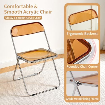 Acrylic Folding Chair, Stackable Foldable Seat with Chrome Frame | Clear Plastic Vanity Chair for Home Office, Lightweight Side Chair for Party, Banquet, Space Saving Dining Chair, Tawny - color: Tawny