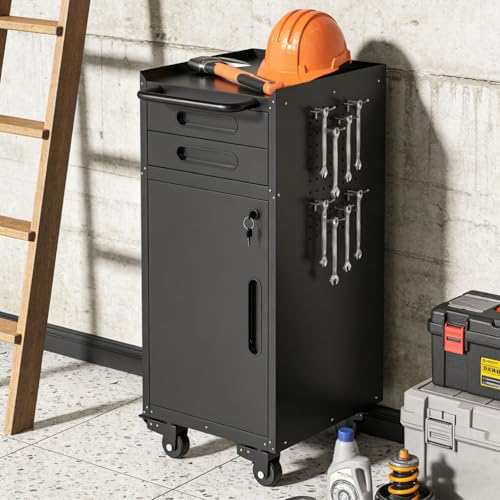 Narrow Rolling Tool Cabinet with Drawers, Lockable Garage Storage Cabinet with Wheels, Slim Metal Tool Chest Organizer for Workshop, Warehouse, Utility Room & Small Spaces