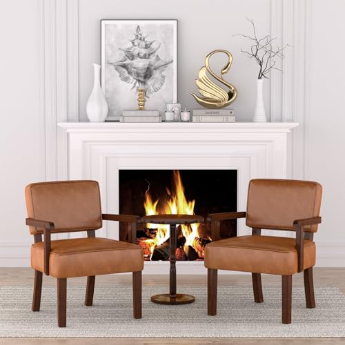 FAGAGA Accent Chairs Set of 2, 2 Solid Wood Armchairs with Side Table | Faux Leather Chair with Soft Thicken Cushion, Comfy Reading Chair for Bedroom, Waiting Room, Home Office, Easy Assembly - color: Faux Leather Brown, size: Set of 2 with table