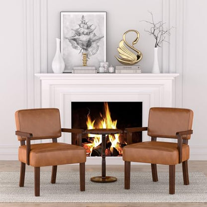 FAGAGA Accent Chairs Set of 2, 2 Solid Wood Armchairs with Side Table | Faux Leather Chair with Soft Thicken Cushion, Comfy Reading Chair for Bedroom, Waiting Room, Home Office, Easy Assembly - color: Faux Leather Brown, size: Set of 2 with table