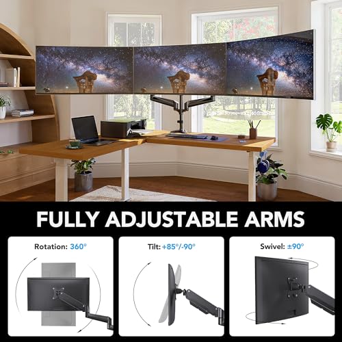 HUANUO Triple Monitor Mount for 17 to 32 inch Screens, Adjustment Gaming Triple Monitor Stand with Swivel, Tilt, Rotation, Clamp & Grommet Kit - color: Black