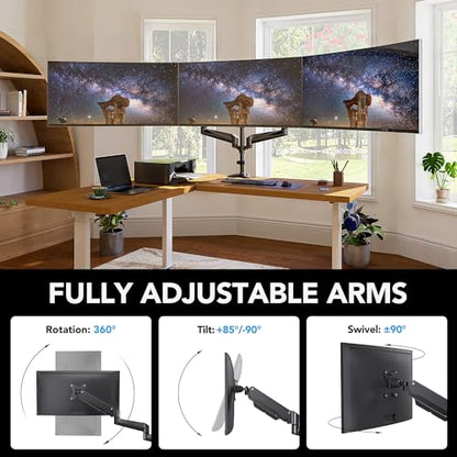 HUANUO Triple Monitor Mount for 17 to 32 inch Screens, Adjustment Gaming Triple Monitor Stand with Swivel, Tilt, Rotation, Clamp & Grommet Kit - color: Black
