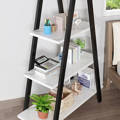 Recaceik 4-Tier A-Shaped Ladder Bookshelf, Industrial Faux Mable Bookcase with Metal Frame, Farmhouse Open Display Shelves for Living Room, Bedroom, Office - color: White