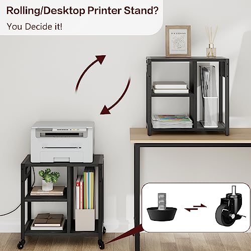 Garvee 3-Tier Printer Stand, Rolling Under Desk Printer Cart with Lockable Wheels, Industrial Mobile Printer Table with Power Outlets, USB Ports & Paper Storage Shelf for Home, Office, Retro Black - color: Retro Black