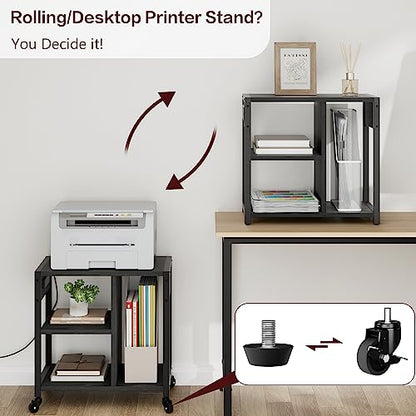 Garvee 3-Tier Printer Stand, Rolling Under Desk Printer Cart with Lockable Wheels, Industrial Mobile Printer Table with Power Outlets, USB Ports & Paper Storage Shelf for Home, Office, Retro Black - color: Retro Black
