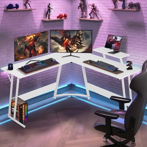 51 Inch L Shaped Gaming Desk Corner Computer Desk with Detachable Monitor Stand for Home Office Learning Gaming Workstation,White - color: White