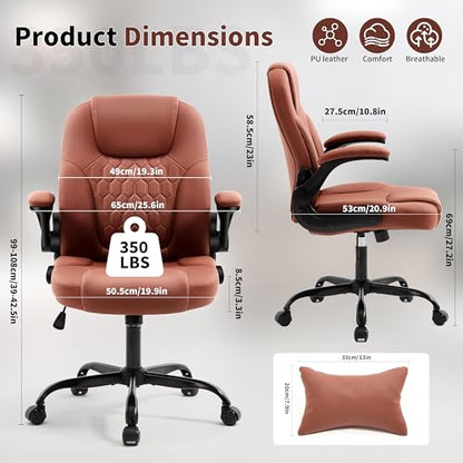Leather Office Chair Swivel Lumbar Support for Short People Brown - color: Brown
