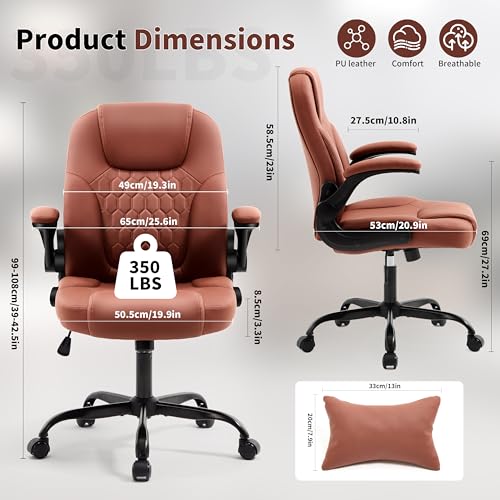 Leather Office Chair Swivel Lumbar Support for Short People Brown - color: Brown