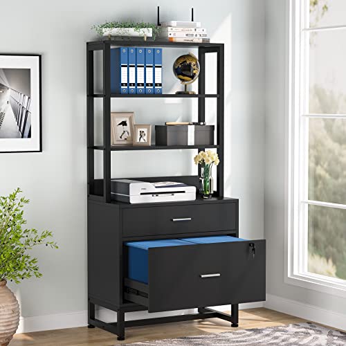 Tribesigns 2 Drawer Vertical File Cabinet with Lock & Bookshelf, Letter Size Large Modern Filing Cabinet Printer Stand with Open Storage Shelves for Home Office, Black - color: Black