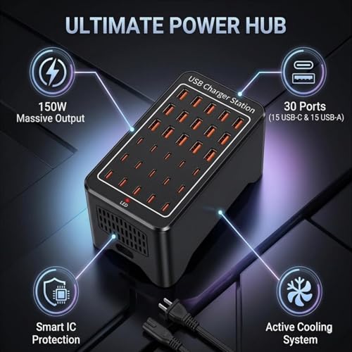 150W USB C Charging Station, 30 Port Fast Multi Device Charger (15 USB-C + 15 USB-A) Desktop Charger Hub, Compatible with iPhone Samsung iPad Google Pixel Tablets & Other USB Electronics