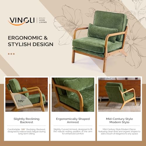 VINGLI Chenille Mid-Century Modern Accent Chair Set of 2, Cute Reading Arm Chair with Cushion & Lumbar Pillow & Solid Wood Frame for Lounge, Living Room, Reading Room, Bedroom, Olive-Green - color: Olive-green