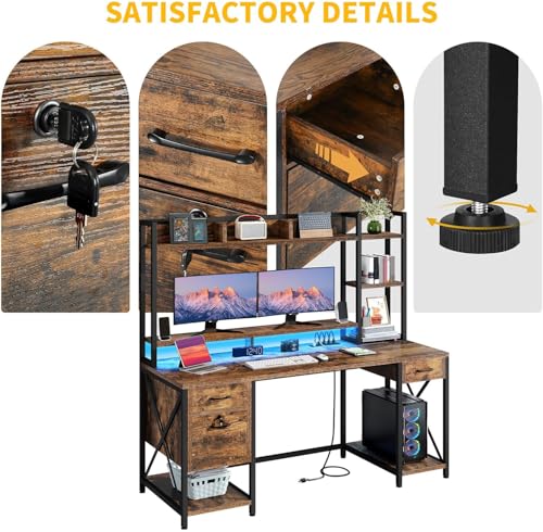 DWVO 59.1" Computer Desk with Hutch, Drawers, Power & LED, Rustic Brown - color: Rustic Brown