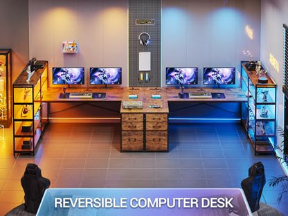 SEDETA L Shaped Desk with Storage Shelves, 64.5" Reversible U Shaped Office Desk with 3 Fabric Drawers, Gaming Desk with Power Outlet & LED Strip for Home Office, Rustic Brown - color: Rustic Brown
