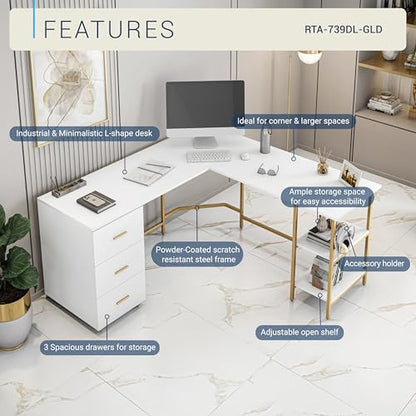 Techni Mobili 59" Two-Tone L‑Shaped Office Desk with Storage Shelves, Gold - color: Gold