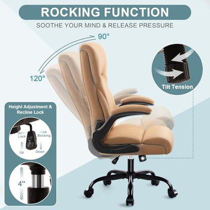 AreShark Office Chair - Executive High Back Breathable Desk Chair with Lumbar Support - Ergonomic Leather Rolling Swivel Computer Chair with Rock Function for Working Studying Gaming Relaxing - color: Khaki