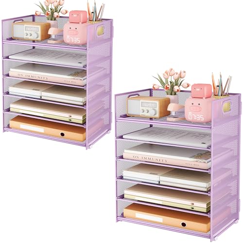 Subekyu 6-Tier Desk Paper Organizer, Desktop File Letter Tray with Handle, Document Sorter and Accessories Holder for Office, Home and School Workspace Organizers, Purple-2 Pack - color: 2 Pack 6-tier - Purple