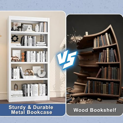 White 5-Tier Metal Bookcase, 69″ Heavy-Duty Sturdy Home Office Bookshelf | Holds Up 200 Books, Adjustable Shelves, Heavy-Duty Load, Fast Screw-Free Assembly, Widely Used Home & Office Storage - color: White, size: Style1-31.5"W