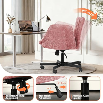 Criss Cross Chair with Wheels & Arms, Chenille Cross Legged Office Chair with 5-level Folding Armrest, Comfortable Adjustable Swivel Vanity Chair for Home, Make Up, Bed Room, Office, Accent (Pink) - color: Pink, style: Modern