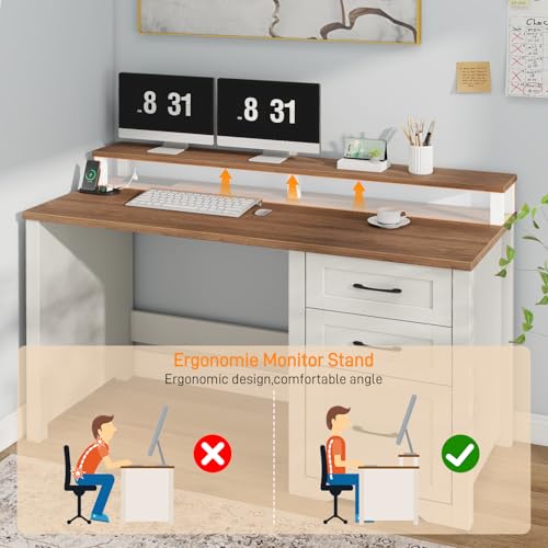 Vabches 47" Farmhouse Executive Desk with 3 Drawers,LED Lights,Unique White - color: Unique White, size: 3 Drawers & Monitor Stand