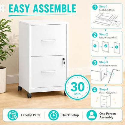 SAWJEC 2 Drawer Metal File Cabinet with Lock, White Mobile Filing Cabinet | 17.7"D x 15"W x 26.8"H, White Mobile Locking File Cabinet, Assembly Required, Fits Letter Hanging Files - color: White, size: 17.7"D x 15"W x 26.8"H