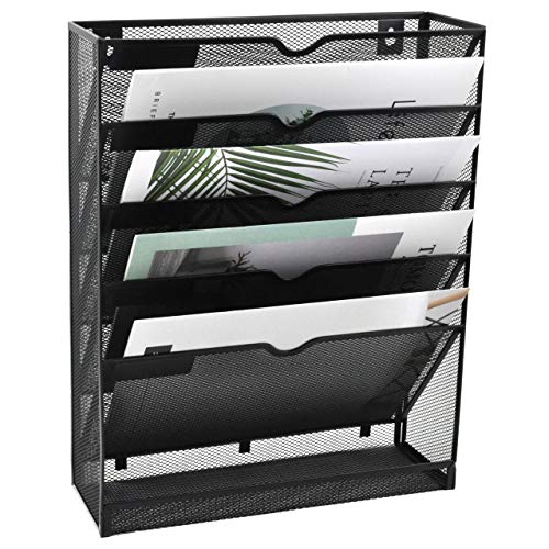 Desk File Organizer Mesh 6-Tier, Hanging Wall Mount Document Organization Stand, Desktop Vertical Mail Paper Folder Holder Rack with Bottom Tray for Office Home Cubicle, Sides Closed, Black - color: Black, size: 6 Tier Upgrade