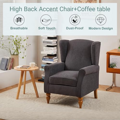 Mid-Century High Wingback Chair,Modern Fabric Accent Chair Armchair with Solid Wood Coffee Table Set,Leisure Single Sofa Chair for Living Room,Club,Home Reception,Antique Dark Grey - color: Antique Dark Grey