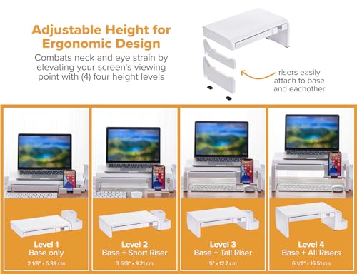 Bostitch Konnect Adjustable Monitor Riser with Drawer, Cell Phone Stand & Pencil Holder, Laptop Stand for Desk, 4 Height Levels, Cable Management & Rubber Feet - color: White, style: Deluxe Laptop Stand Kit