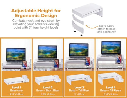Bostitch Konnect Adjustable Monitor Riser with Drawer, Cell Phone Stand & Pencil Holder, Laptop Stand for Desk, 4 Height Levels, Cable Management & Rubber Feet - color: White, style: Deluxe Laptop Stand Kit