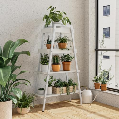 VECELO Ladder Shelf, 4-Tier Bookshelf with Enclosed Edges Design, Wooden Storage Rack Freestanding Bookcase for Living Room Home Office, White