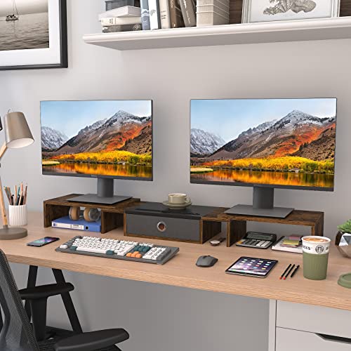 WESTREE Triple Dual Monitor Stand Riser with Drawer,Extra Large Adjustable for 2~3 Monitors,Solt for Phone & Tablet, Desktop Organizer Stand for Computer,Laptop,Printer,TV - size: Large-brown
