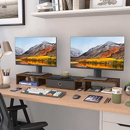WESTREE Triple Dual Monitor Stand Riser with Drawer,Extra Large Adjustable for 2~3 Monitors,Solt for Phone & Tablet, Desktop Organizer Stand for Computer,Laptop,Printer,TV - size: Large-brown