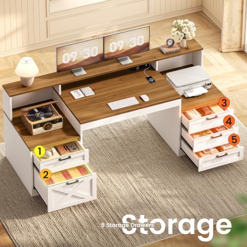 SEDETA 63" Farmhouse Office Desk with 5 Drawers, White and Brown | Executive Computer Desk with LED Lights & Monitor Stand, Wood Home Office Desk with 2 Printer Stand & Power Outlet - color: White and Brown, size: Executive Office Desk(63")