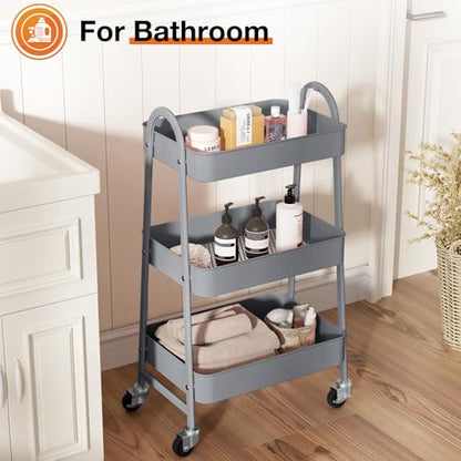NEWBULIG 3-Tier Metal Rolling Cart with Lockable Wheels, Heavy Duty Mobile Utility Storage Shelf, Roller Book Snack Cart, Grey - color: Gray, size: 3 Shelves