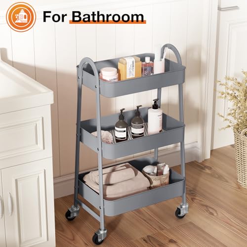 NEWBULIG 3-Tier Metal Rolling Storage Utility Cart with Lockable Wheels - color: Gray, size: 3 Tier
