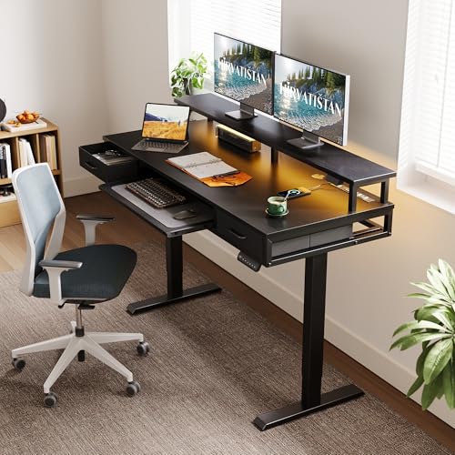 AODK 55 Inch Electric Standing Desk with Drawers & Keyboard Tray, Black - color: Black, size: 55 Inch