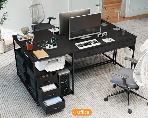 60" Computer Desk with 5 Fabric Drawers, Gaming Desk Table | Desk with Storage and Power Outlets, for Adults and Teenagers Working Writing Study, Black - color: Black, size: 18.9"D x 60"W x 30.7"H