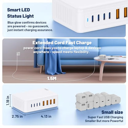 8-Port USB C Charging Station,65W GaN USB C Charger Block,PD 3.0 Desktop Charger, Power Strip Adapter Compatible with iPhone 17/16/15/14,MacBook Air/Pro,DELL, iPad Pro,Galaxy and More,White - color: WHITE