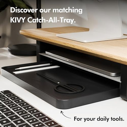 KIVY Dual Monitor Riser with Integrated Metal Shelf - Wooden desk shelf