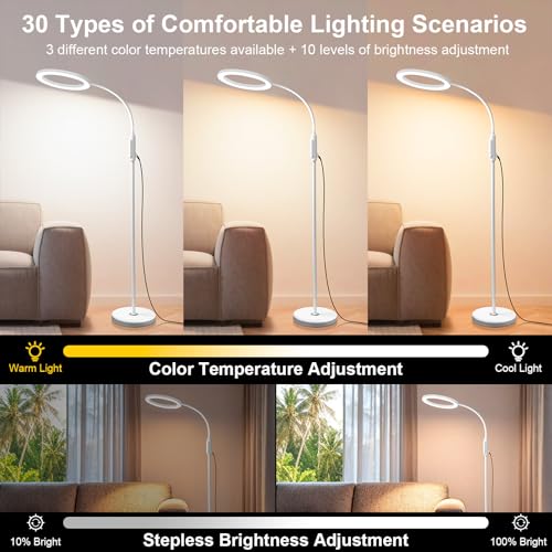 Supe Bright 24W Dimmable LED Floor Lamp with Remote Touch Control Adjustable Gooseneck Standing Light for Reading Makeup Tattoo Lash Extensions White Modern Smart Tall Lamp Living Room Bedroom Office - color: White 24W Remote and Touch Dimming