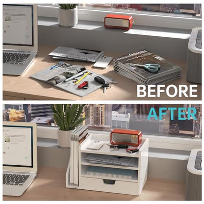Multi-Tier Wood Desk File Organizer with Side File Rack, 3 Tray Shelves & Adjustable Drawer - Space-Efficient Design Easy to Assemble for Efficient Office Setup, Reduces Desk Clutter (White) - color: White