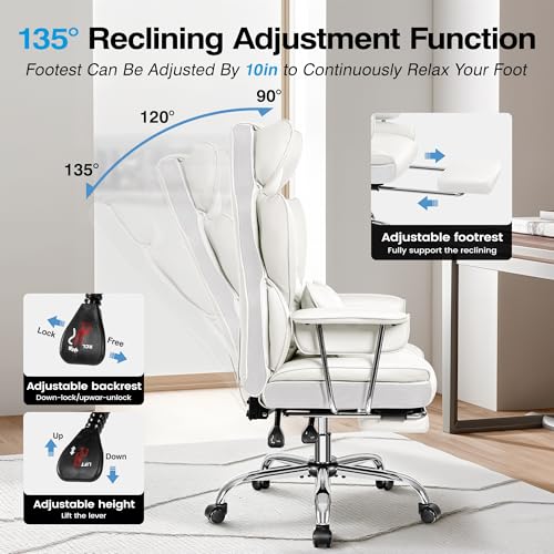 ALLGOD Big and Tall Office Chair 400LBS, Executive Ergonomic Leather Chair with Footrest, Wide Seat Gaming Office Chair with Pocket Spring Cushion, Reclining High Back Computer Desk Chair, White - color: White, size: 1 Pack