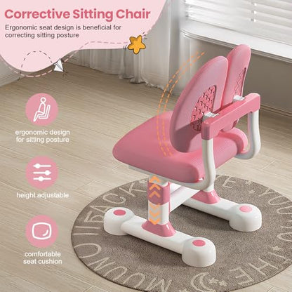 Kid Study Desk and Chair Set 3-12 Height Adjustable Ergonomic Desk | School Art Desk, 50° Tiltable Desktop, Easy-Turn Crank, Storage Drawer & Built-in Bookstand for Children Boys & Girls - color: 013-pink-31.5in