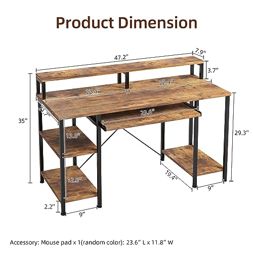 VERMESS 48Inch Computer Desk, Home Office Desks with Keyboard Tray, Gaming Desk with CPU Stand Shelf,Industrial Study Table Wide Writing Desk with Storage Shelves for 2 Monitors, Rustic Brown - color: Rustic Brown