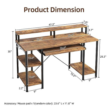 VERMESS 48Inch Computer Desk, Home Office Desks with Keyboard Tray, Gaming Desk with CPU Stand Shelf,Industrial Study Table Wide Writing Desk with Storage Shelves for 2 Monitors, Rustic Brown - color: Rustic Brown
